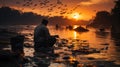 Fishermen fishing in golden light in Mekong River ,Thailand