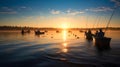 Fishermen fishing on the Mekong River at sunset, Thailand.