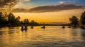 Fishermen fishing on the Mekong River at sunset, Thailand.