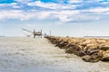 Fishermen and fishing shack on the pier Royalty Free Stock Photo