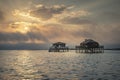 Fishermen houses in Bassin Arcachon, Cabanes Tchanquees, Aerial view, France