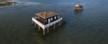 Fishermen houses in Bassin Arcachon, Cabanes Tchanquees, Aerial view, France