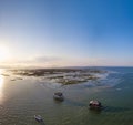 Fishermen houses in Bassin Arcachon, Cabanes Tchanquees, Aerial view, France