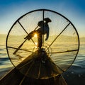 Fishermen in Inle Lake at sunrise, Shan State, Myanmar Royalty Free Stock Photo