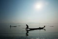 Fishermen in Inle lakes sunset, Myanmar Royalty Free Stock Photo