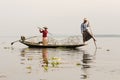 Fishermen in Inle lakes sunset, Myanmar Royalty Free Stock Photo