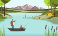 Fishermen on lake in beautiful nature landscape, people fishing hobby leisure, vector illustration