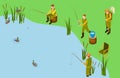 Fishermen on the lake. Vector isometric fishing concept. Male hobby, outdoor recreation Royalty Free Stock Photo