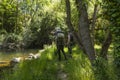 Fishermen look for a good fishing spot in the Eresma river, Segovia Royalty Free Stock Photo