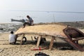 Fishermen manufacture wooden fishing boat