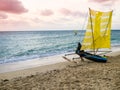 Fishermen pirogue leaves Anakao coast at sunset for a night fishing trip, Indian Ocean, Madagascar