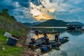 The fishermen prepare the fishing equipment before night fishing routine