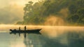 Fishermen quietly cast their lines into the misty river at dawn, with stunning views of the serene landscape. Generative