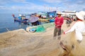 Fishermen are removing anchovies fish from their nets to start a new working day in Ly Son island Royalty Free Stock Photo