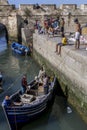 Fishermen return with their catch to the busy fishing harbour at Essaouira in Morocco Royalty Free Stock Photo