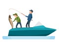 Fishermen take fish, caught on spinning, putting catfish in boat.