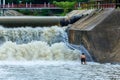 Fishermen, throw a net,Fishermen throw a net on the rubber dam . Royalty Free Stock Photo