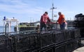 Fishermen Wrasse fishing pots on Fishing boat in Carnlough Antrim Northern Ireland 14-07-21