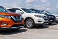 Fishers - Circa August 2018: New vehicles at a Nissan Car and SUV Dealership. Nissan is part of the Renault Nissan Alliance VIII