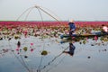 Fisherwoman on blue boat fishing by using fishing traditional fishing net