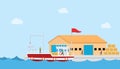 Fishery industry concept on small port and warehouse or storehouse building with boat and people with modern flat style Royalty Free Stock Photo