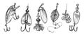 Fishing bait. Fishery lures and wobblers with hooks. Accessories, equipment set vector illustration Royalty Free Stock Photo