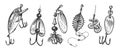 Fishing bait. Fishery lures and wobblers with hooks. Accessories, equipment set vector illustration