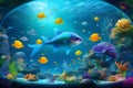 fishes in the aquarium fantasy future holograms panoramic view