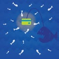 fishes attracted to the light of an anglerfish. Vector illustration decorative design