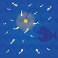 fishes attracted to the light of an anglerfish. Vector illustration decorative design