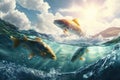 Fishes jumping out of the water over breaking waves. Half water Seascape wallpaper.