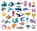 Fishes and sea animals flat icons of ocean life Royalty Free Stock Photo