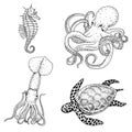 Fishes or Seafood or sea creature cheloniidae or green turtle and seahorse. octopus and squid, calamari. engraved hand