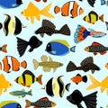 Fishes seamless pattern. Cute cartoon aquarium fish animals background for kids vector illustration print
