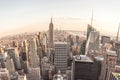 Fisheye aerial view of Manhattan in New York City, USA. Skyline panorama at sunset. Fish eye lens effect