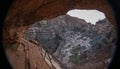 fisheye angle of precarious wooden bridge in hiking trail in zion national park