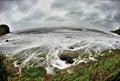 Fisheye landscape of big stormy waves crashing at shore