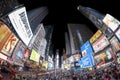 Fisheye lens photo of Times Squares crowded with tourists at night.