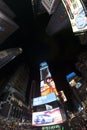 Fisheye lens photo of Times Squares at night.