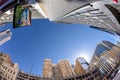 fisheye view of historic skyscraper in old town od Dallas under blue sky Royalty Free Stock Photo