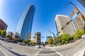 fisheye view of historic skyscraper in old town od Dallas under blue sky