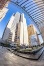 fisheye view of historic skyscraper in old town od Dallas under blue sky Royalty Free Stock Photo