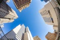 fisheye view of historic skyscraper in old town od Dallas under blue sky