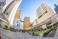 fisheye view of historic skyscraper in old town od Dallas under blue sky