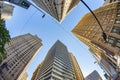 fisheye view of historic skyscraper in old town od Dallas under blue sky Royalty Free Stock Photo