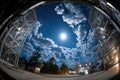 Fisheye view of industrial site under moonlit cloudy sky Royalty Free Stock Photo