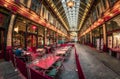 Fisheye view of interior of Leadenhall Market and cafe bar, The City, London, England, United Kingdom, Europe