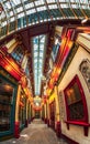 Fisheye view of interior of Leadenhall Market, The City, London, England, United Kingdom, Europe