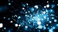 Glowing azure pixels bursting outward, forming interconnected digital network against deep void, captured through Royalty Free Stock Photo
