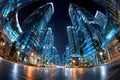 Fisheye view of modern skyscrapers at night Royalty Free Stock Photo
